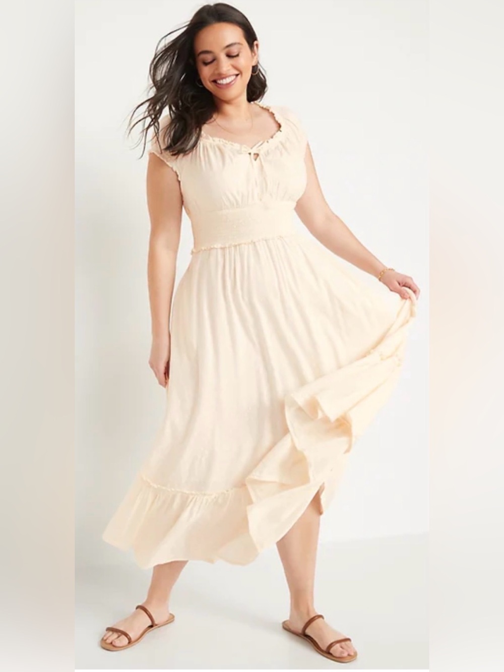 Old Navy Cream Waist Defined Puff Cap Sleeve Clip Dot Tiered Midi Dress szXL